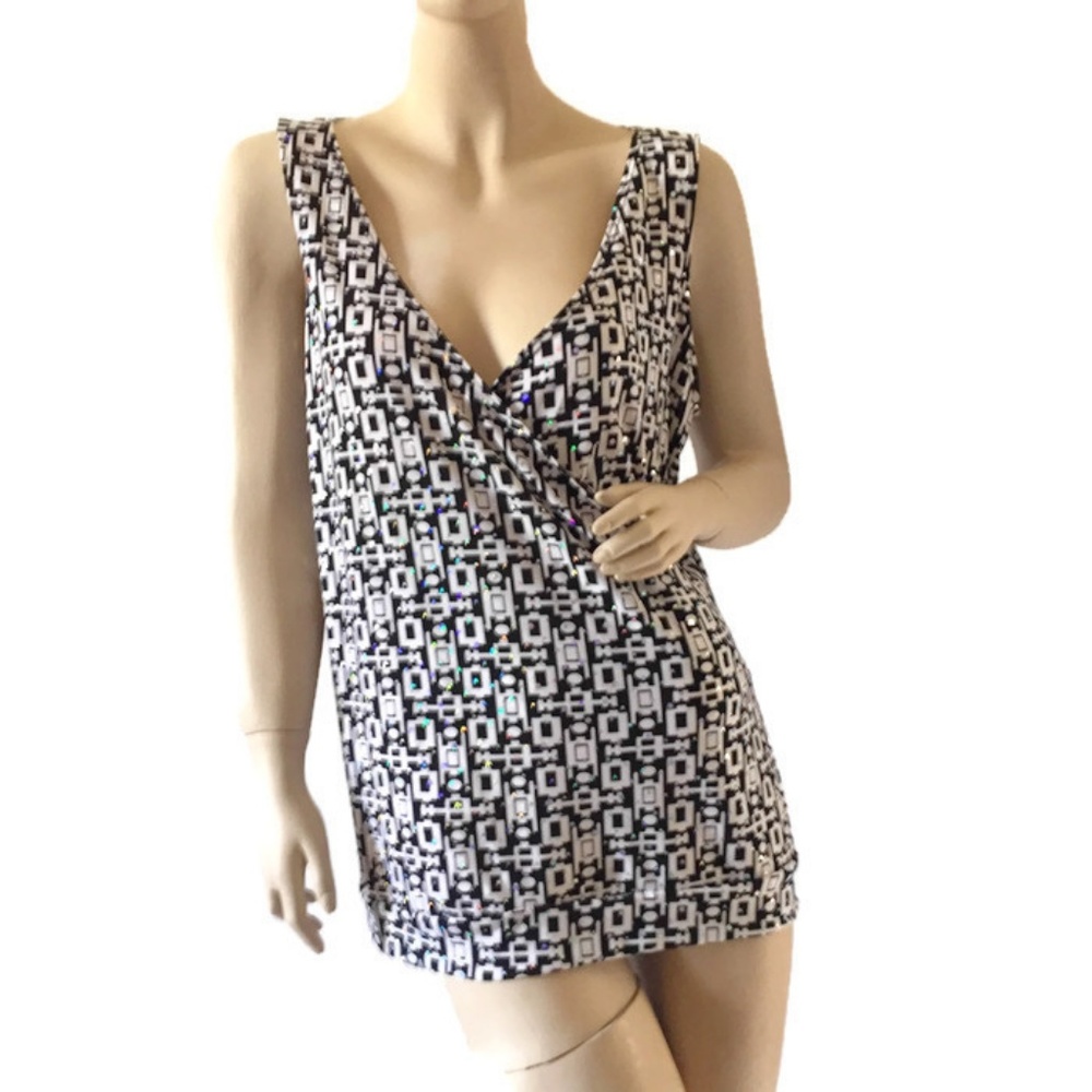 Marianne Black & White with Dots of Glitter V Neck Women's Top Plus Size…